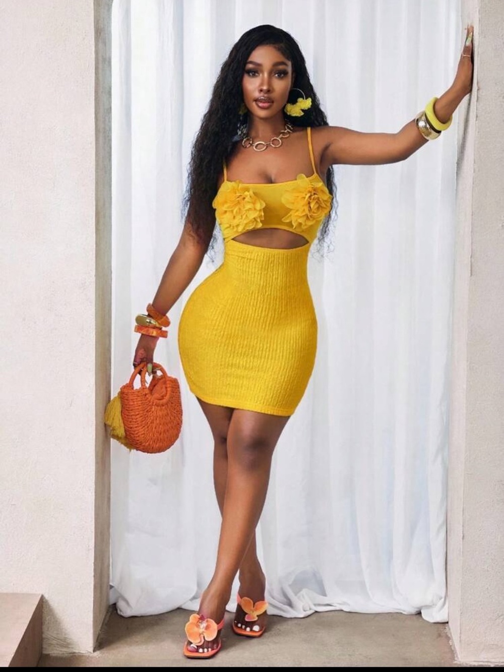 Yellow Ribbed Cutout Bodycon Mini Skirt - Brand